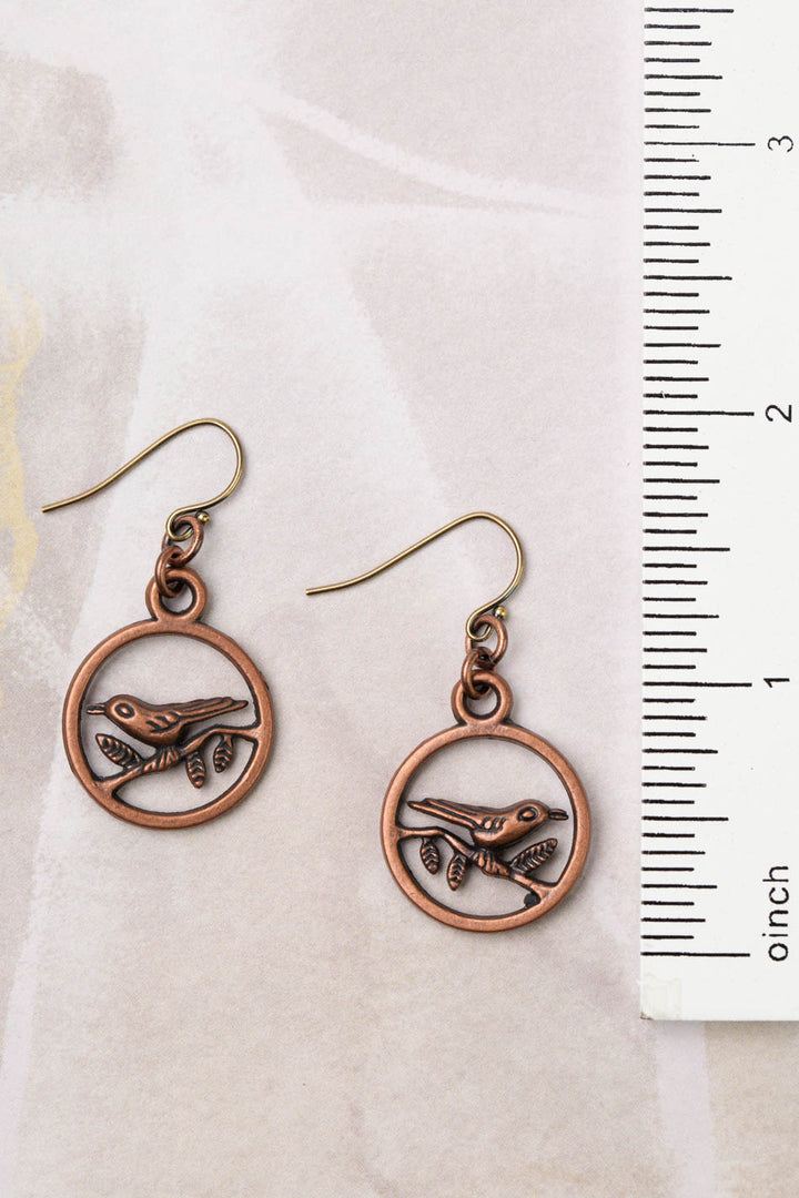 Mauve Mix Copper Plated Brass Bird On Tree Limb Simple Earrings