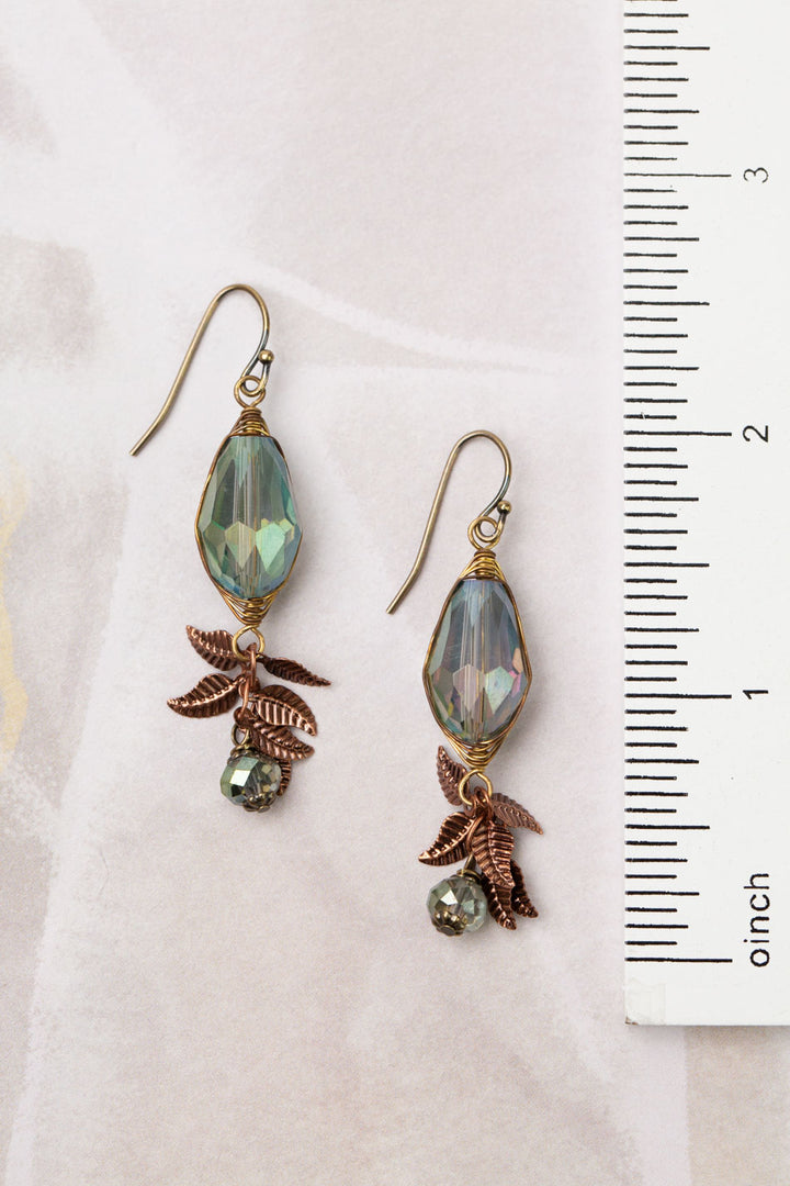 Mauve Mix Faceted Crystal Drop With Antique Copper Leaves And Czech Glass Dangles Herringbone Earrings