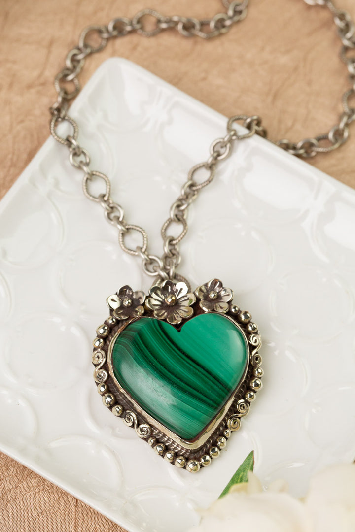 One Of A Kind 17.75-19.75" Tibetan Ornate Floral Malachite Heart Statement Necklace