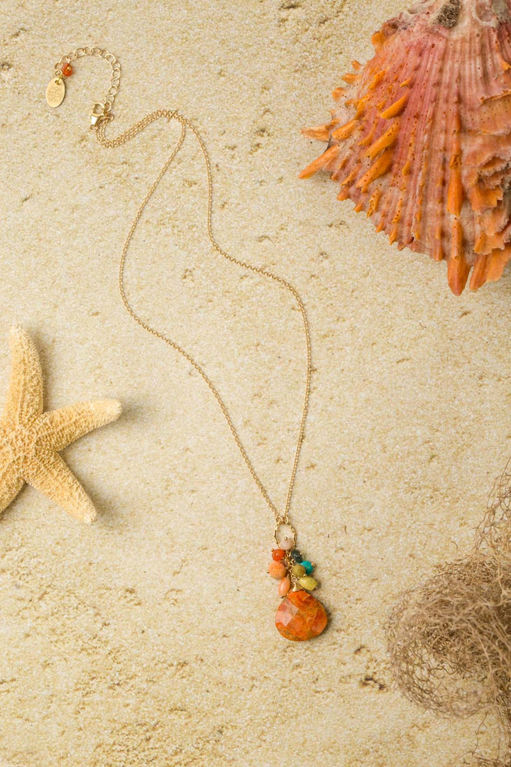 Mango Tango 16-18" Natural Orange Turquoise With Roman Glass, Carnelian, Turquoise, Jade Cluster Necklace