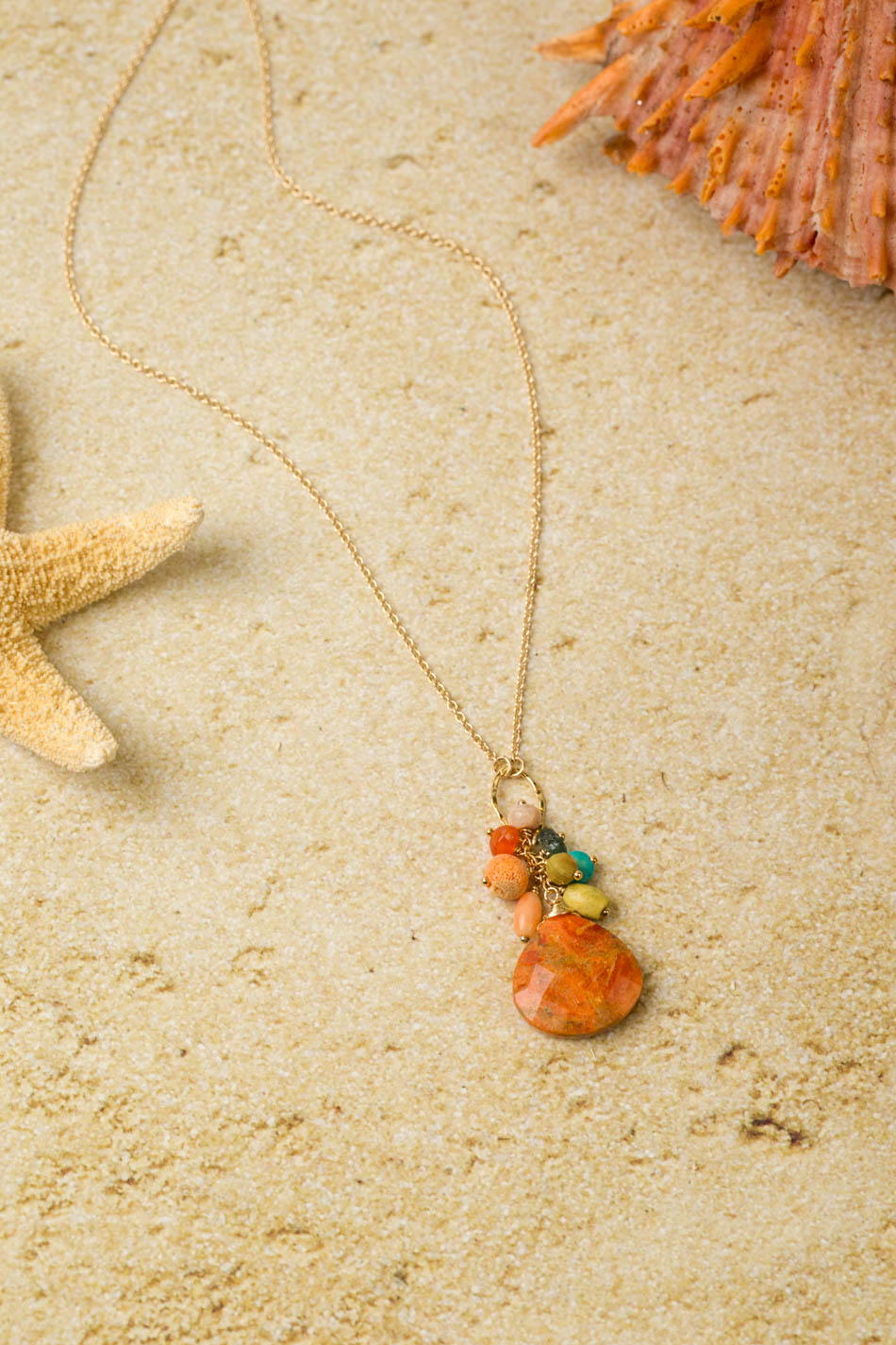 Mango Tango 16-18" Natural Orange Turquoise With Roman Glass, Carnelian, Turquoise, Jade Cluster Necklace