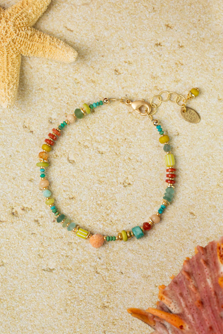 Mango Tango 7.5-8.5" Roman Glass, Red Jasper, Amazonite, Turquoise, Opal, Handmade Clay Beads Collage Bracelet