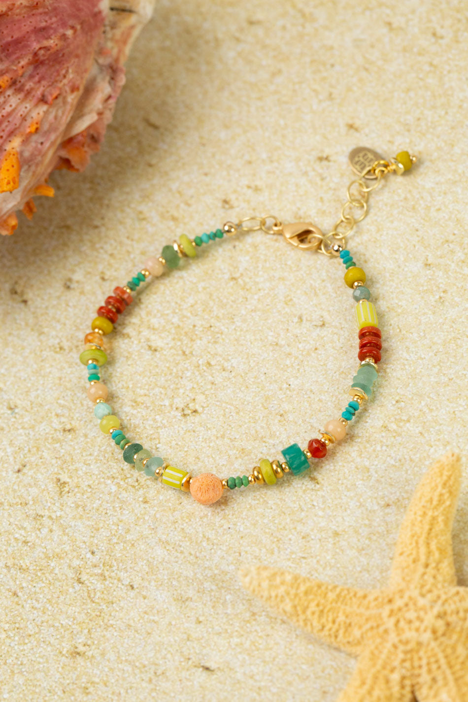 Mango Tango 7.5-8.5" Roman Glass, Red Jasper, Amazonite, Turquoise, Opal, Handmade Clay Beads Collage Bracelet