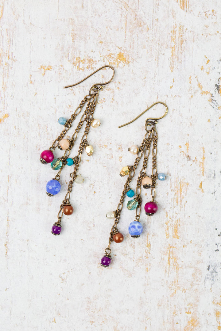 Mardi Gras Czech Glass, Pearl, Jade Tassel Earrings