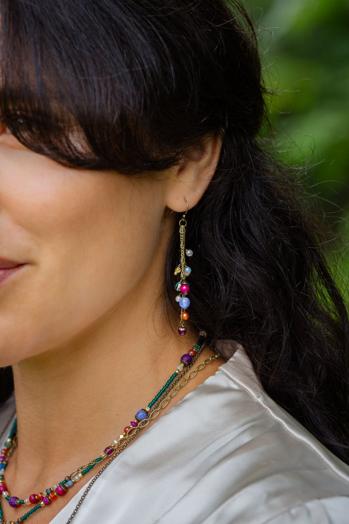 Mardi Gras Czech Glass, Pearl, Jade Tassel Earrings