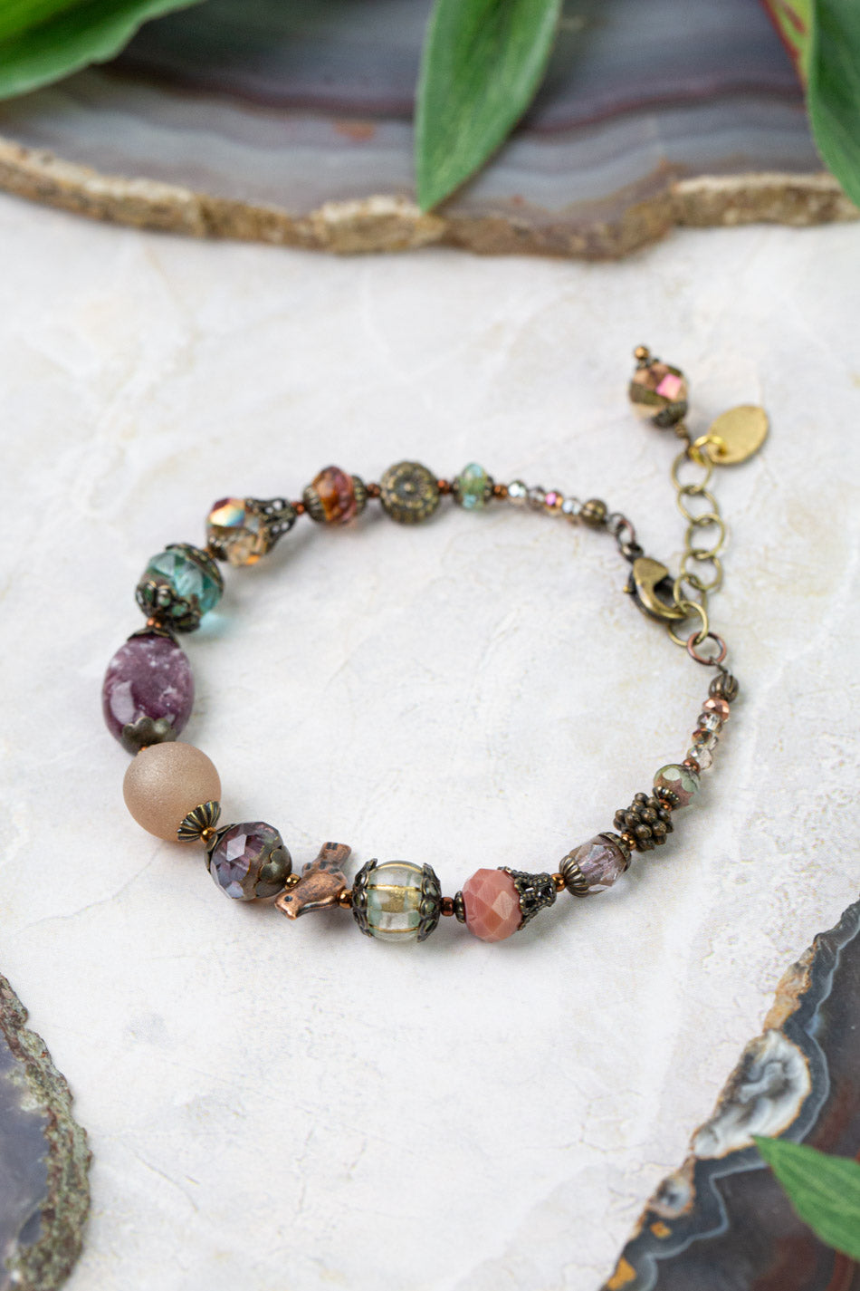 Mauve Mix 7.75-8.75" Czech Glass, Druzy, Lepidolite Quartz Simple Bracelet