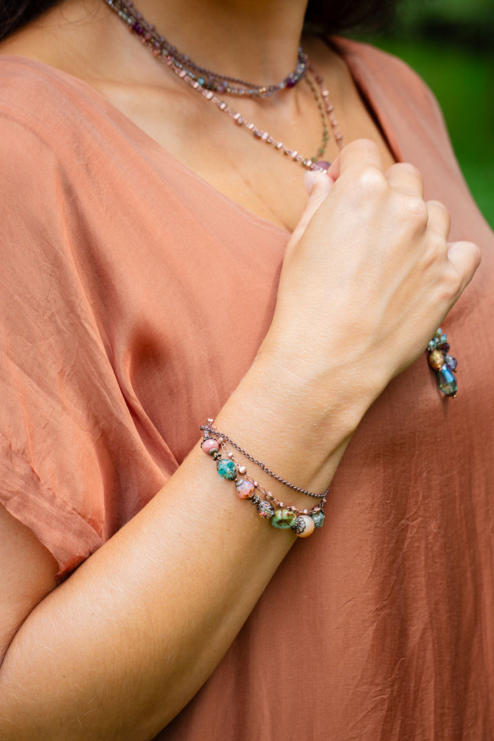 Mauve Mix 7.5-8.5" Czech Glass, Druzy, Lepidolite Quartz, Multistrand Bracelet