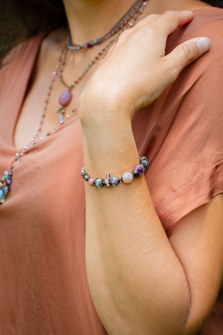 Mauve Mix 7.75-8.75" Czech Glass, Druzy, Lepidolite Quartz Simple Bracelet