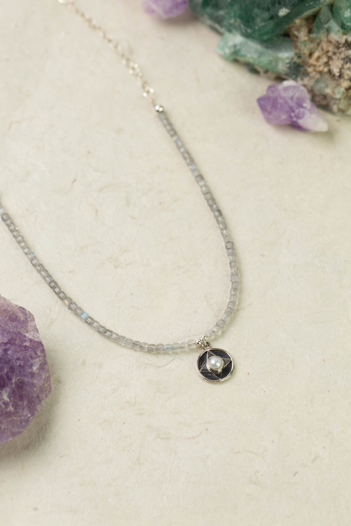 Mystic 16-18" Labradorite With Pearl In Silver Star Pendant Simple Necklace