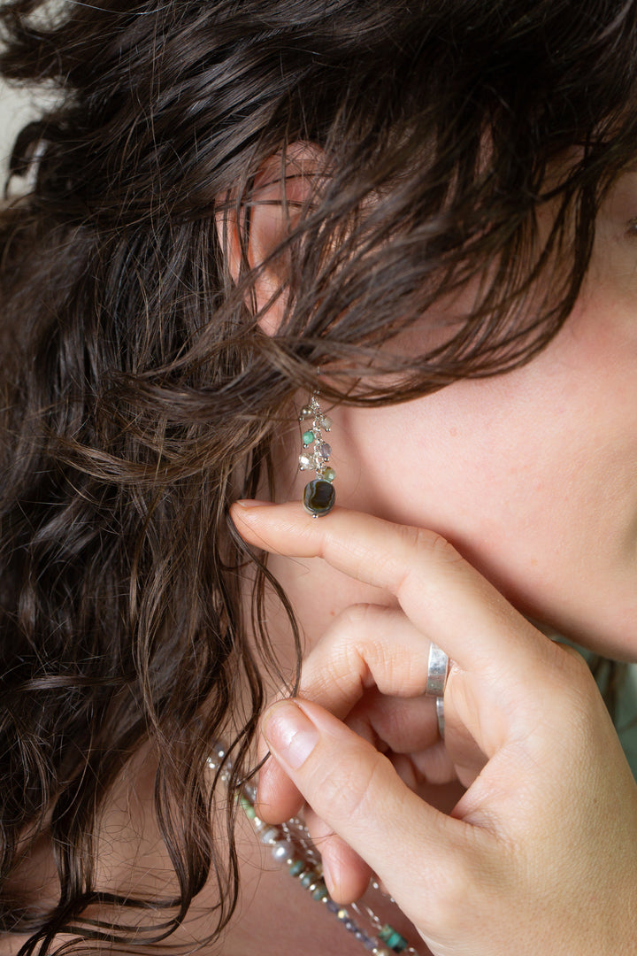 Mystic Abalone, Czech Glass, Turquoise Cluster Earrings