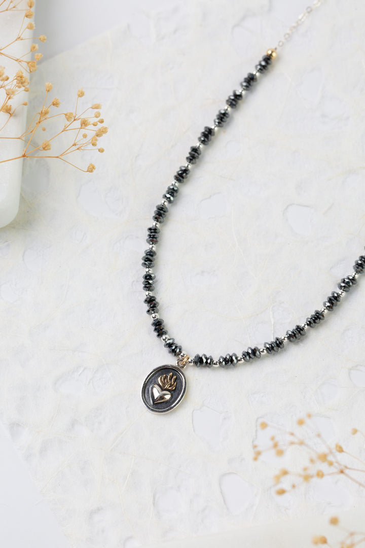 Nightfall 15-17" Black Hematite Rondelle With Flaming Heart Pendant Simple Necklace