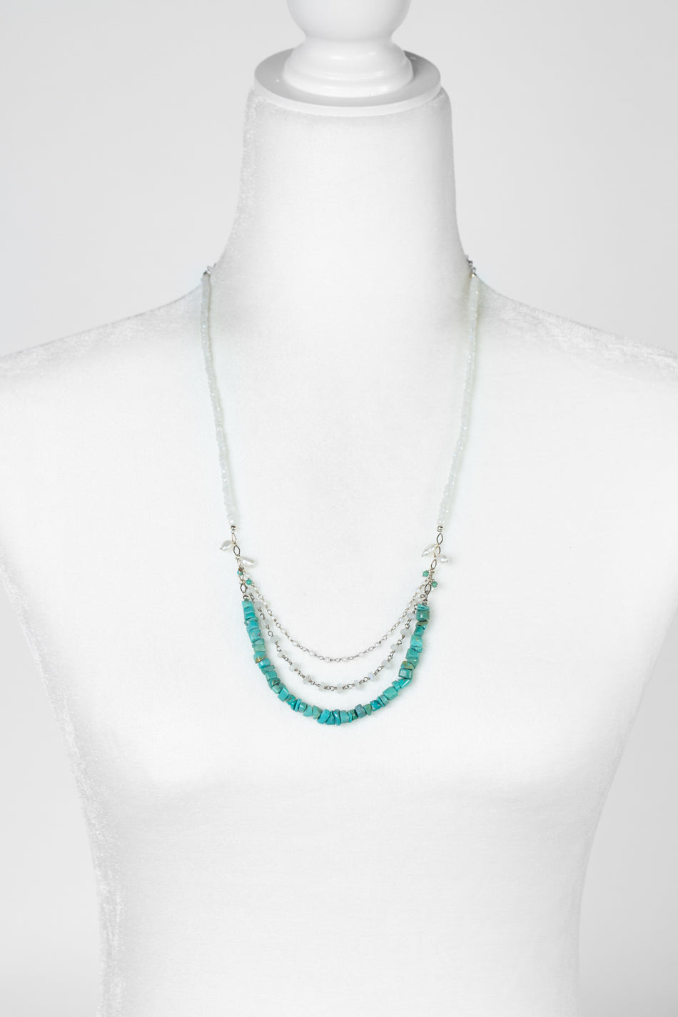 One Of A Kind 19-21" Faceted Rainbow Moonstone, Freshwater Pearl, Turquoise Statement Necklace