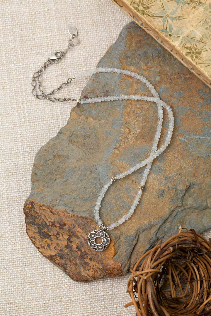 One Of A Kind 19-20" Rainbow Moonstone With Silver Flower Petal Cross & Fish Pendant Statement Necklace