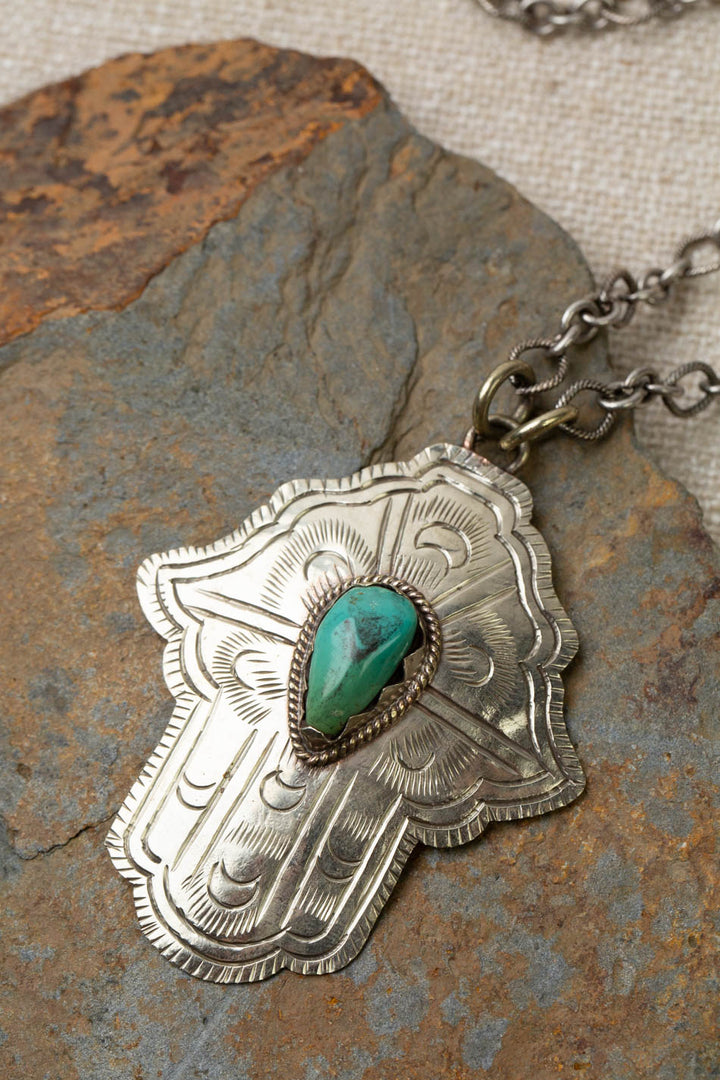 One Of A Kind 31-33" Tibetan Turquoise Hamsa Hand With Crescent Moon Detail Statement Necklace