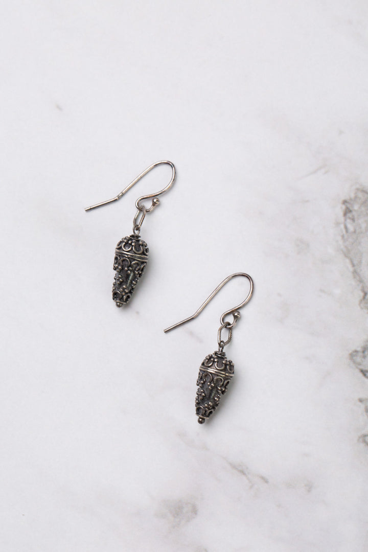 One Of A Kind Oxidized Silver Ornate Droplet Dangle Earrings