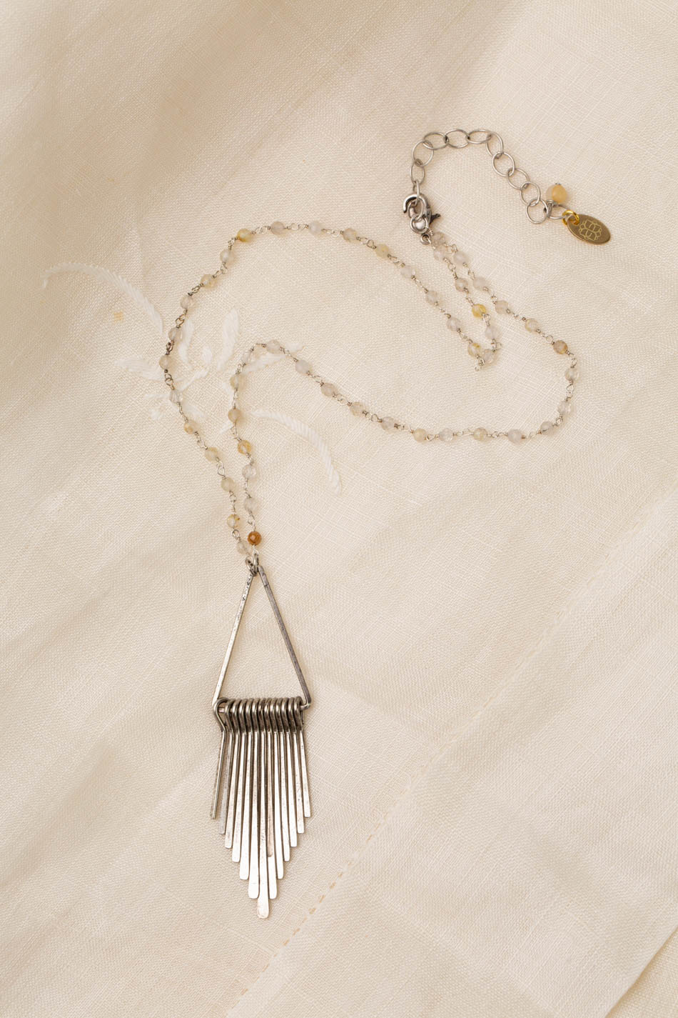 One Of A Kind 17.5-19.5" Gold Rutilated Quartz With Antique Silver Plated Brass Triangle With Dangles Simple Necklace