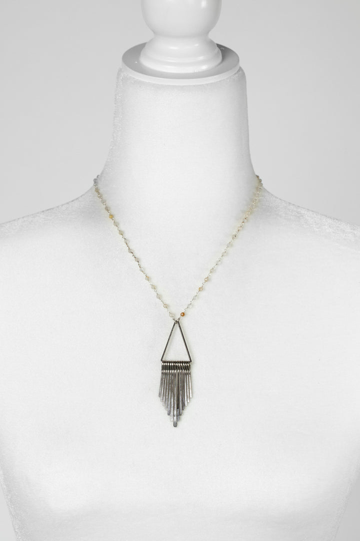 One Of A Kind 17.5-19.5" Gold Rutilated Quartz With Antique Silver Plated Brass Triangle With Dangles Simple Necklace