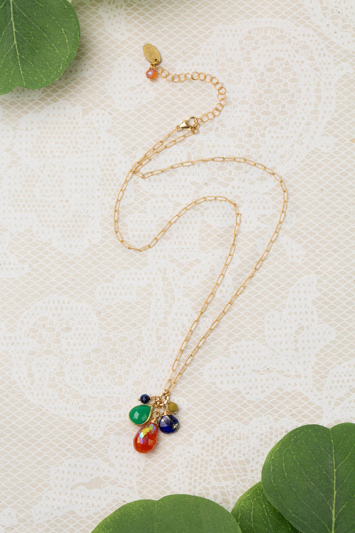 One Of A Kind 16.5-18.5" Lapis Lazuli, Chrysoprase Bezel, Faceted Jade, And Carnelian Briolette Cluster Necklace