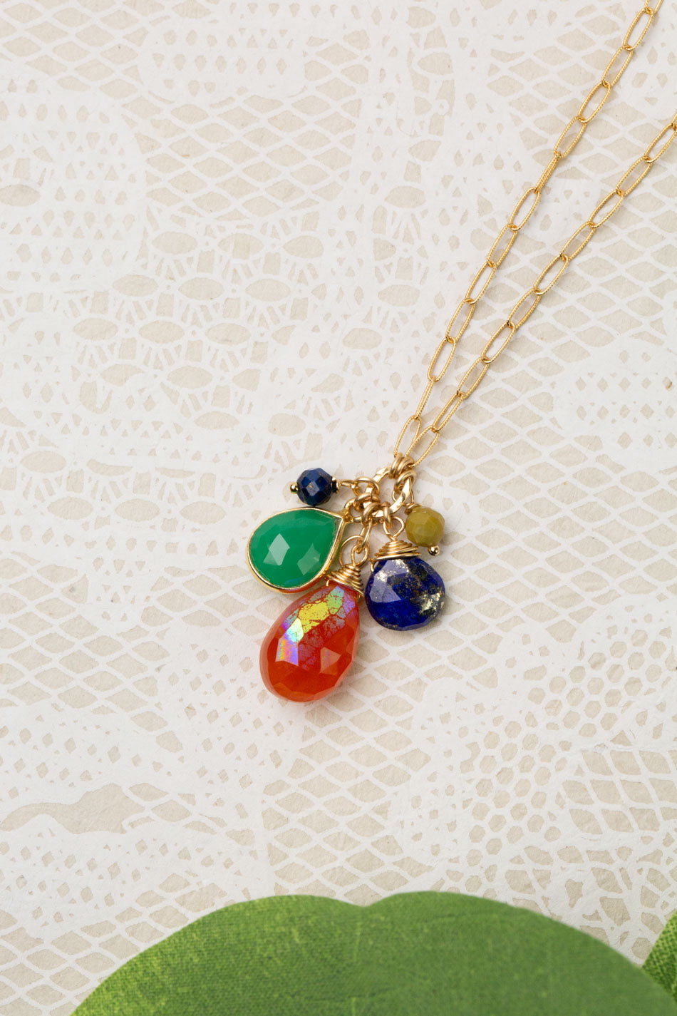 One Of A Kind 16.5-18.5" Lapis Lazuli, Chrysoprase Bezel, Faceted Jade, And Carnelian Briolette Cluster Necklace