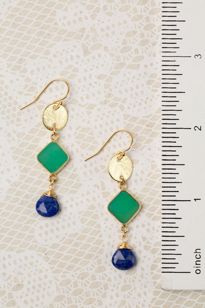 One Of A Kind Faceted Lapis Lazuli Briolette, Chrysoprase Bezel, Brushed Gold Medallion Dangle Earrings