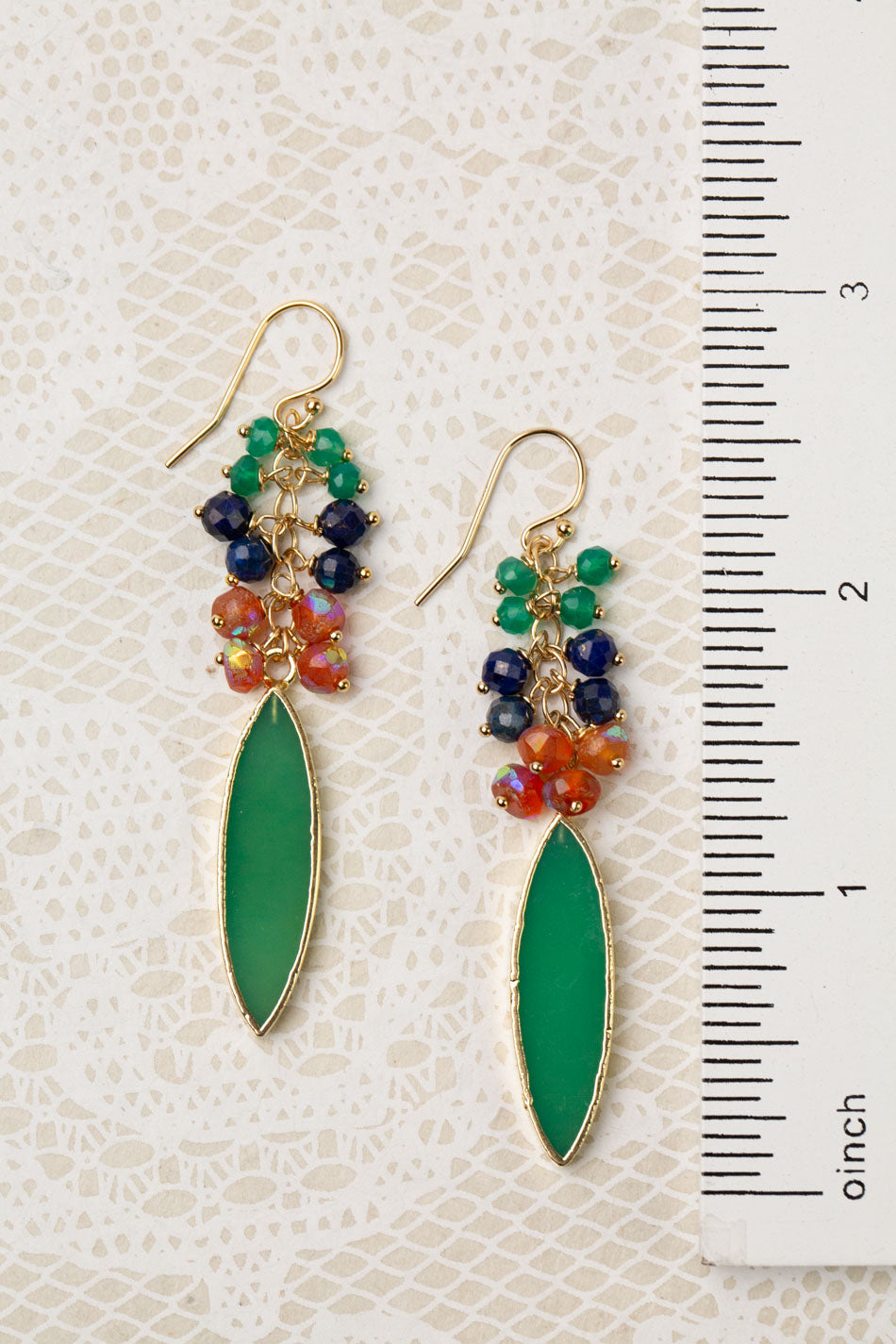 One Of A Kind Lapis Lazuli Briolette, Czech Glass With Long Marquise Shaped Chrysoprase Bezel Cluster Earrings