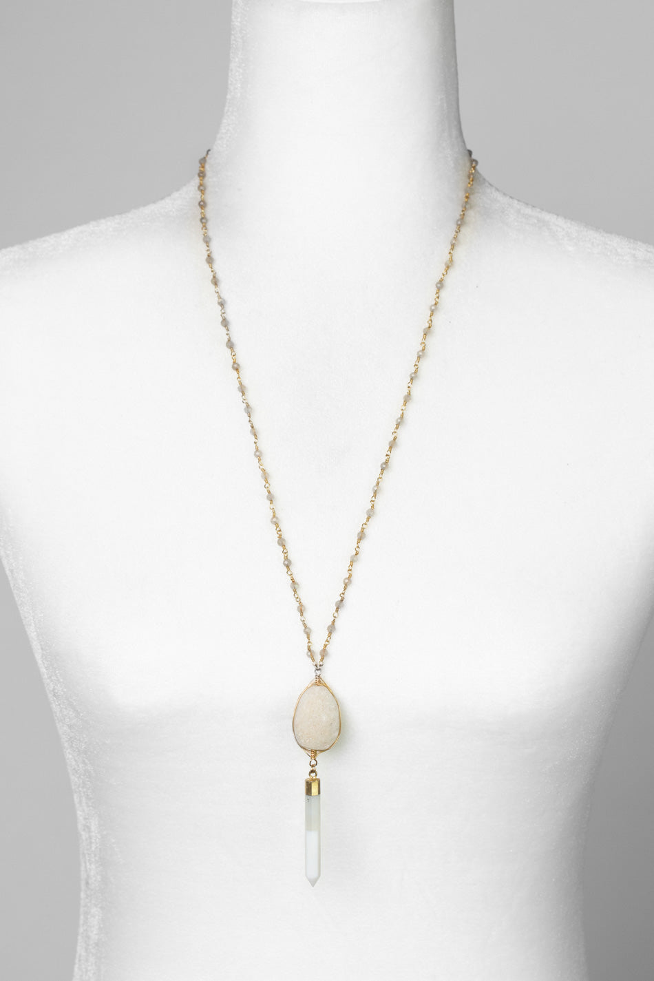 One Of A Kind 26.25-28.25" Agate Point, Faceted Rainbow Moonstone With Druzy Quartz Statement Necklace