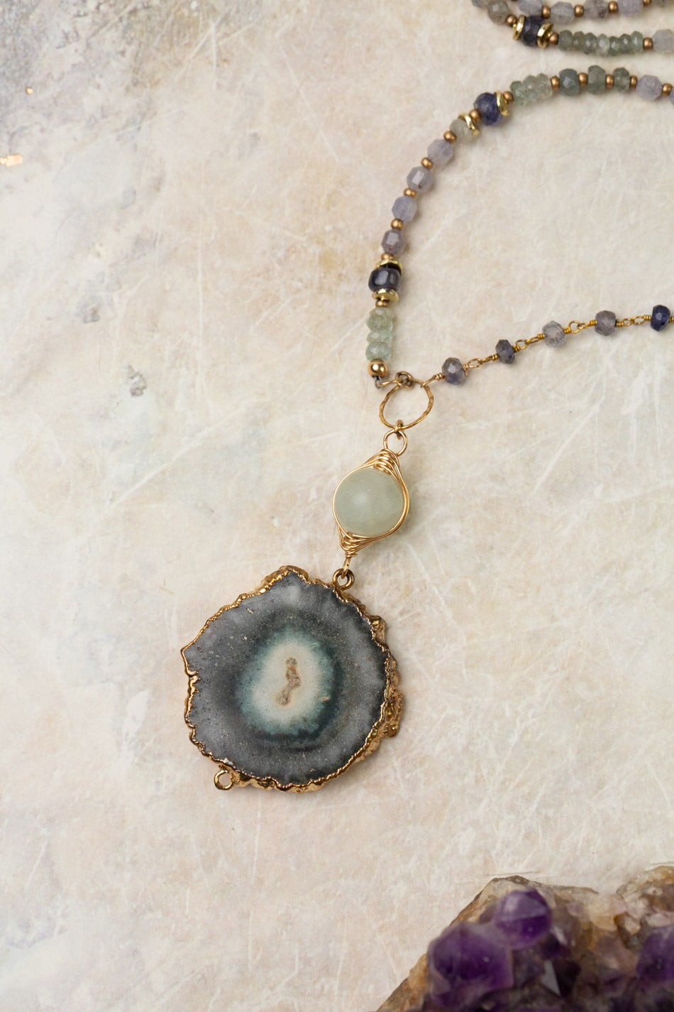 One Of A Kind 34-36" Green Moss Aquamarine, Iolite With Mineral Slice Statement Necklace