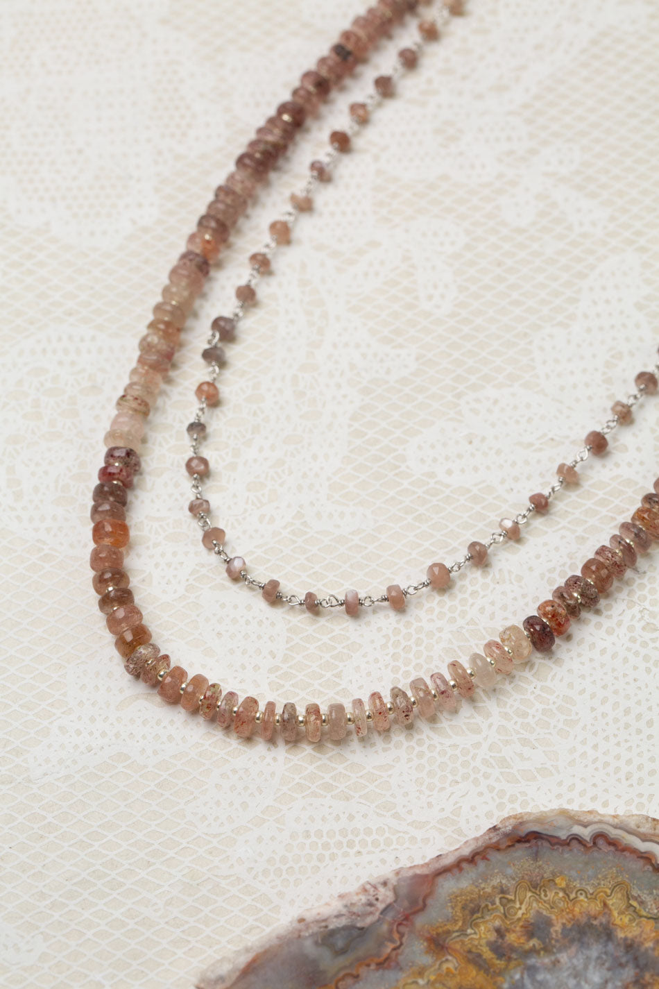 One Of A Kind 25.25-27.25" Chocolate Moonstone With Strawberry Quartz Multistrand Necklace