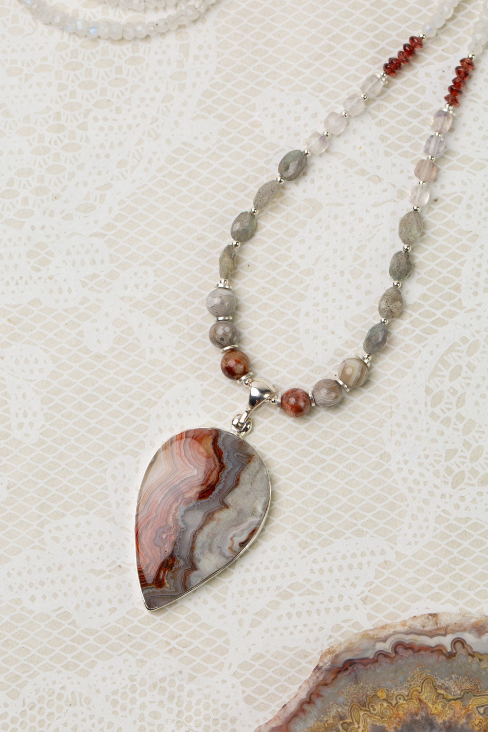 One Of A Kind 26.75-28.75" Moonstone, Labradorite, Fluorite With Crazy Lace Agate Statement Necklace