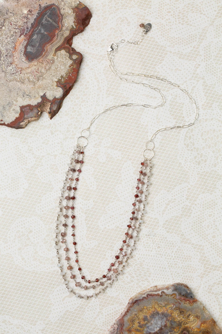 One Of A Kind 23.75-25.75" Garnet, Chocolate Moonstone With Rainbow Moonstone Multistrand Necklace