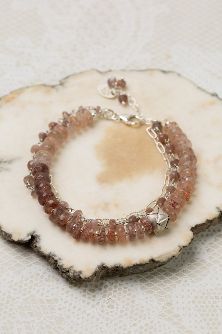 One Of A Kind 7.5-8.5" Chocolate Moonstone With Strawberry Quartz Multistrand Bracelet