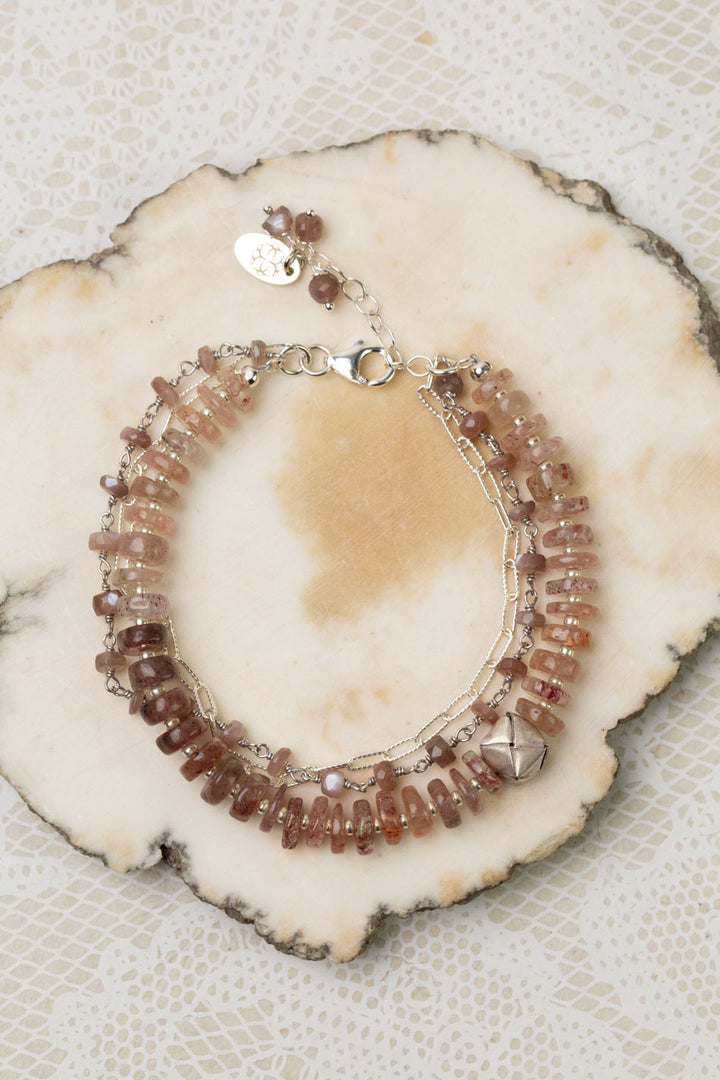 One Of A Kind 7.5-8.5" Chocolate Moonstone With Strawberry Quartz Multistrand Bracelet