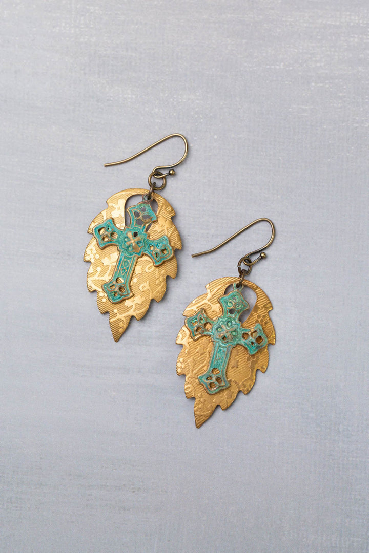 One Of A Kind Antique Plated Brass Patina Cross With Floral Stamped Bronze Leaf Dangles Statement Earrings