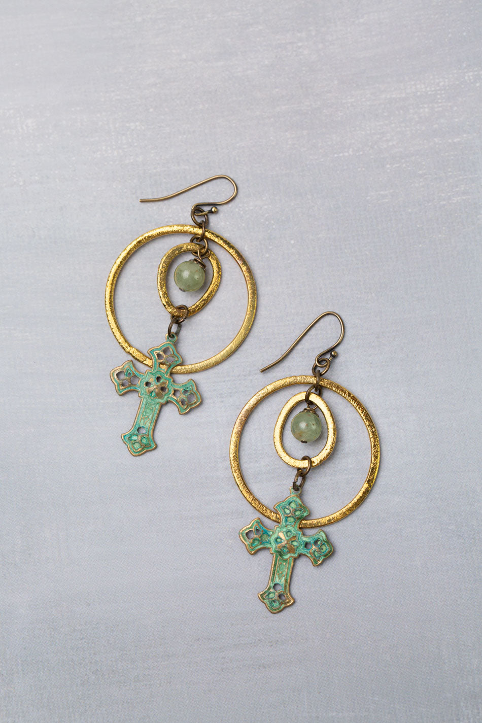 One Of A Kind Brushed Gold Plated Brass Hoops With Green Kyanite Dangles And Antique Brass Patina Cross Statement Earrings