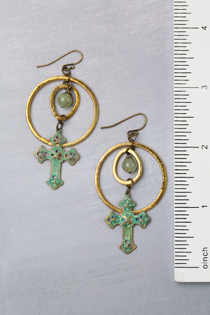 One Of A Kind Brushed Gold Plated Brass Hoops With Green Kyanite Dangles And Antique Brass Patina Cross Statement Earrings