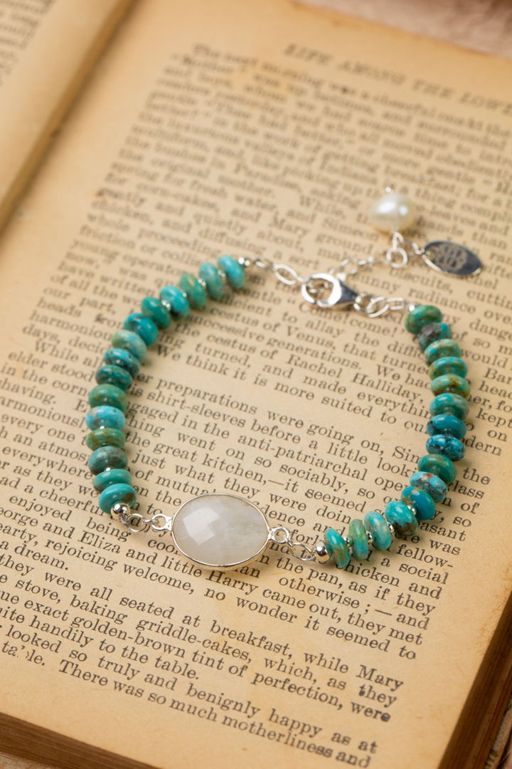 One Of A Kind 7-8" Turquoise With Rainbow Moonstone Simple Bracelet