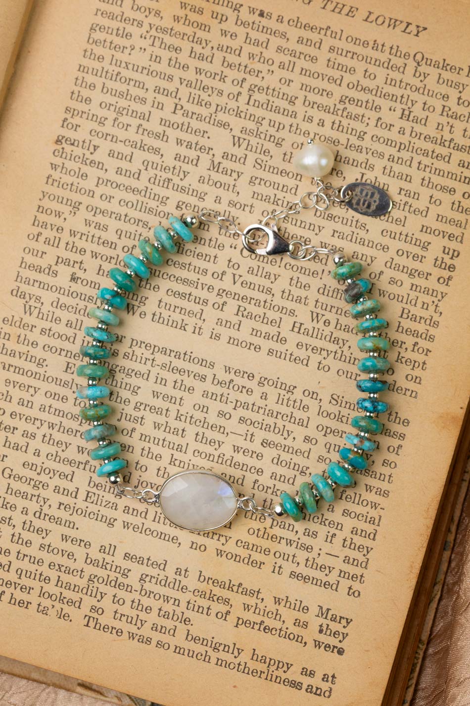 One Of A Kind 7-8" Turquoise With Rainbow Moonstone Simple Bracelet