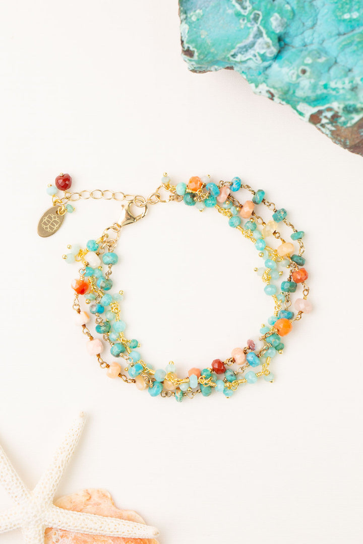 One Of A Kind 7.5-8.5" Turquoise, Fire Opal, Amazonite Multistrand Bracelet