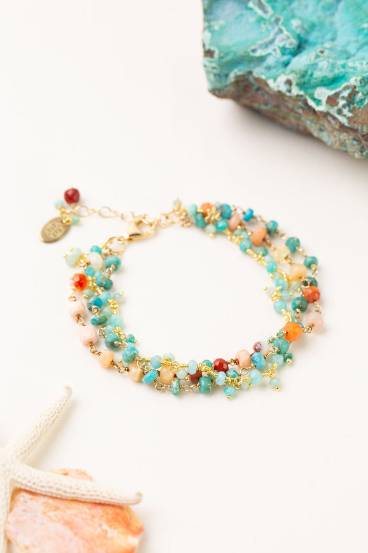 One Of A Kind 7.5-8.5" Turquoise, Fire Opal, Amazonite Multistrand Bracelet