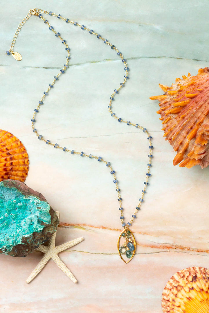 Ocean Waves 21.5-23.5" Kyanite, Gemstone Chain, Blue Quartz, Freshwater Pearl Tassel Necklace