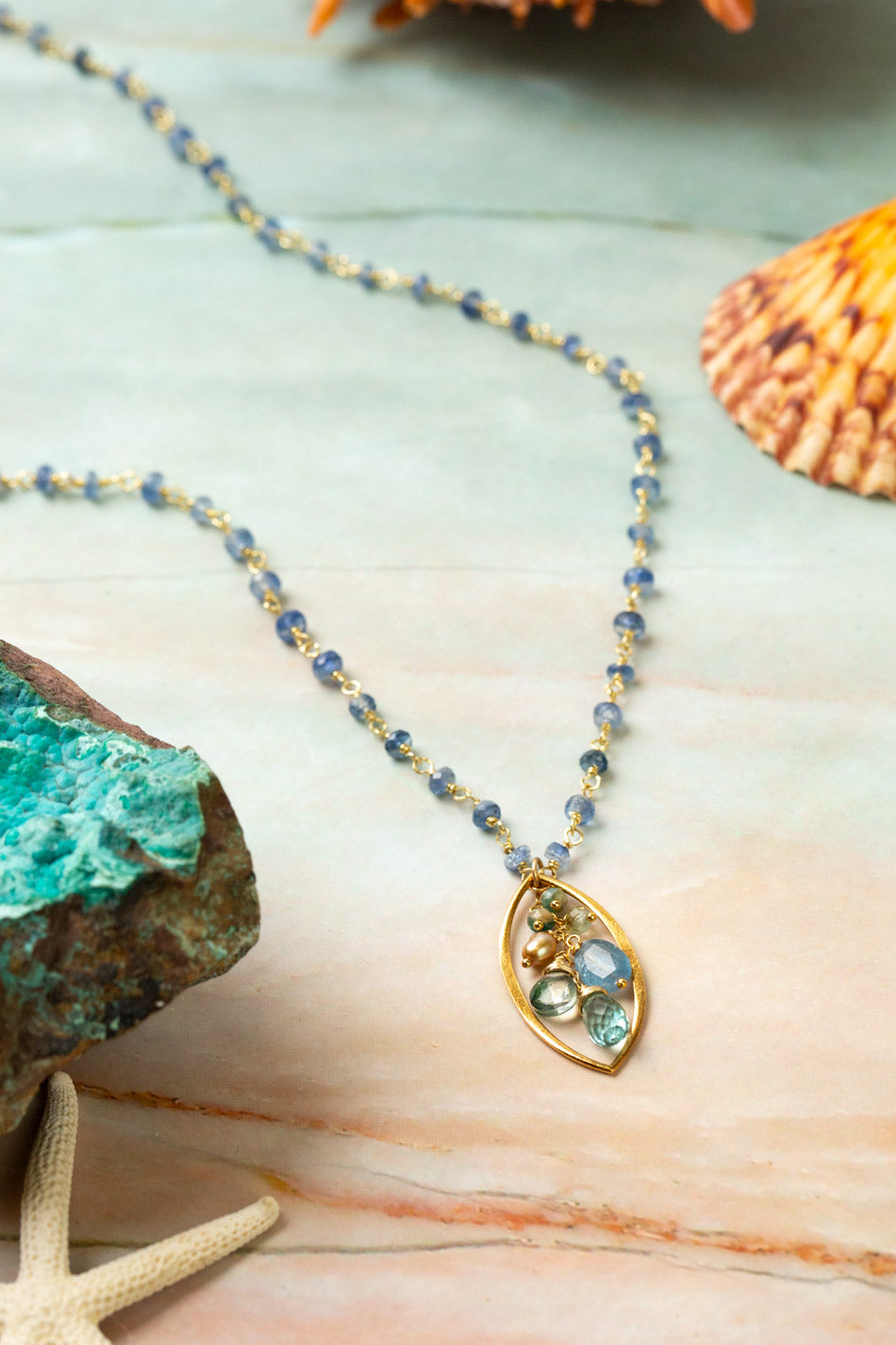 Ocean Waves 21.5-23.5" Kyanite, Gemstone Chain, Blue Quartz, Freshwater Pearl Tassel Necklace