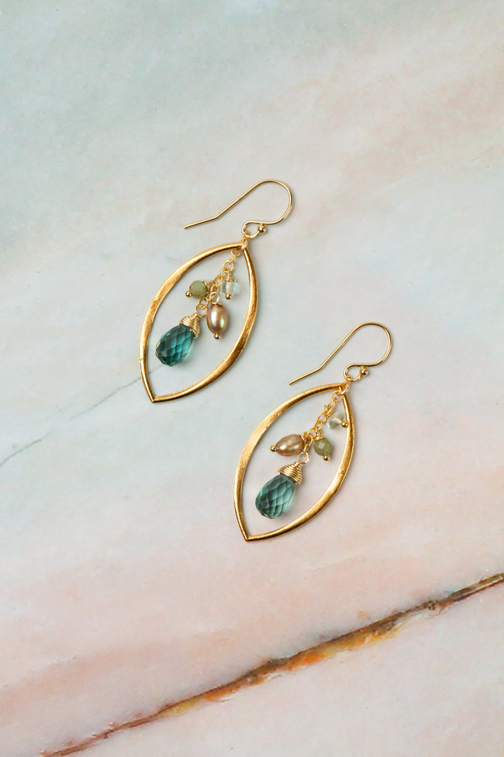 Ocean Waves Blue Quartz, Freshwater Pearl, Fluorite Cluster Earrings