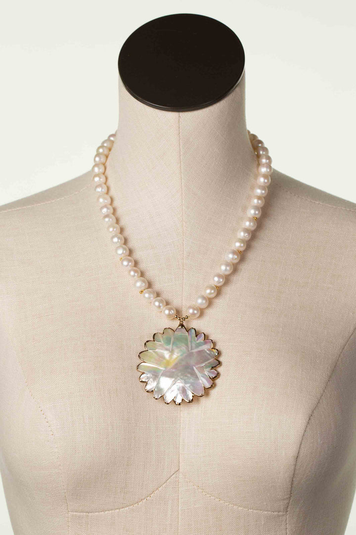 One Of A Kind 18.75-20.75" Freshwater Pearl With Mother Of Pearl Flower Statement Necklace
