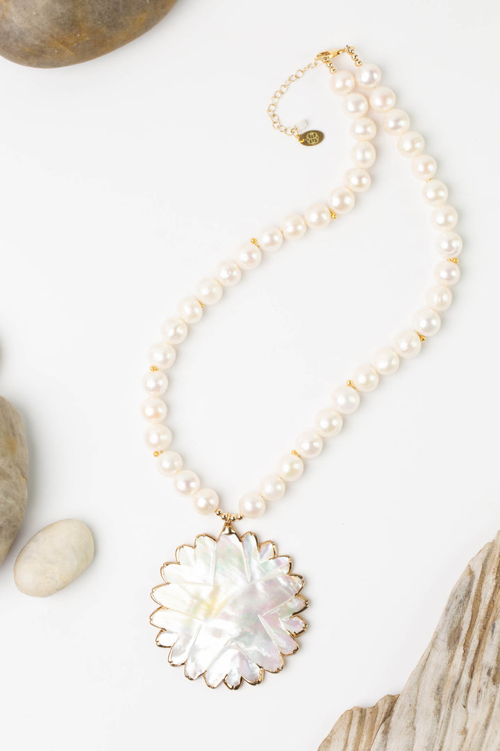One Of A Kind 18.75-20.75" Freshwater Pearl With Mother Of Pearl Flower Statement Necklace