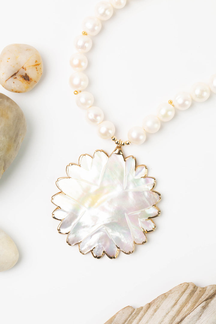 One Of A Kind 18.75-20.75" Freshwater Pearl With Mother Of Pearl Flower Statement Necklace