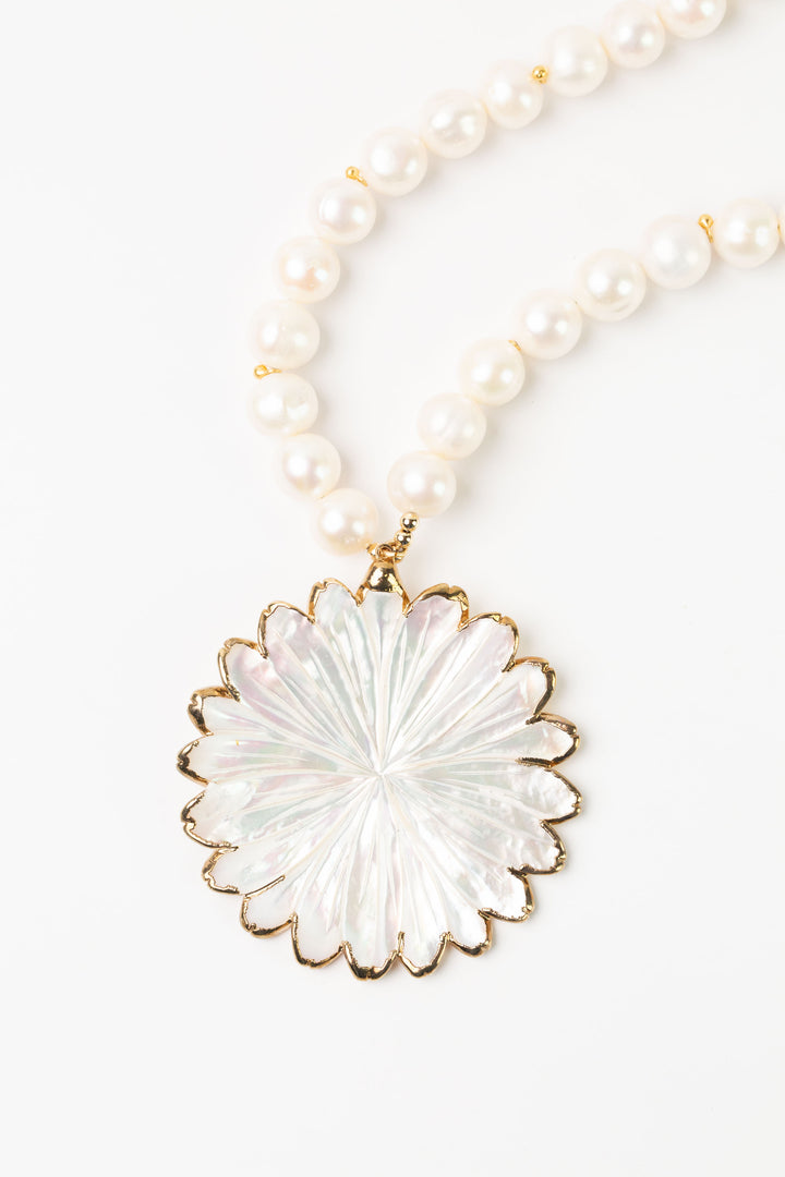 One Of A Kind 18.75-20.75" Freshwater Pearl With Mother Of Pearl Flower Statement Necklace