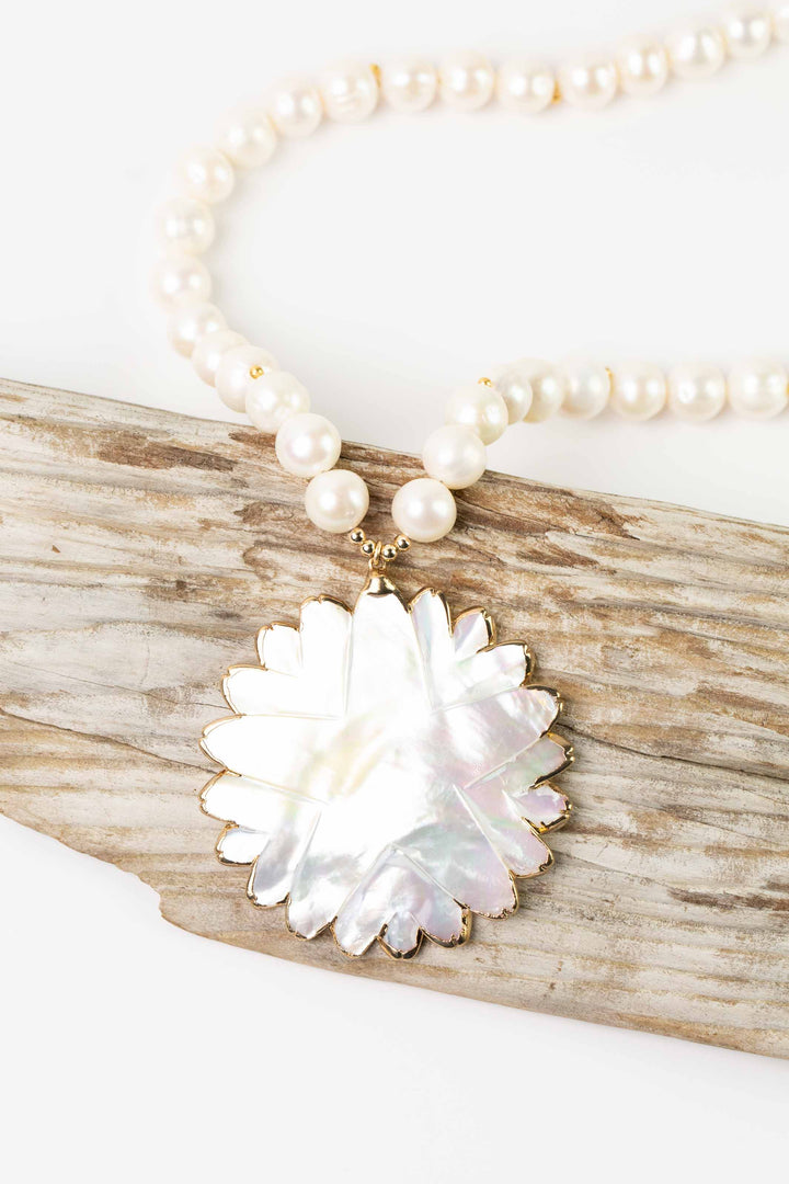 One Of A Kind 18.75-20.75" Freshwater Pearl With Mother Of Pearl Flower Statement Necklace