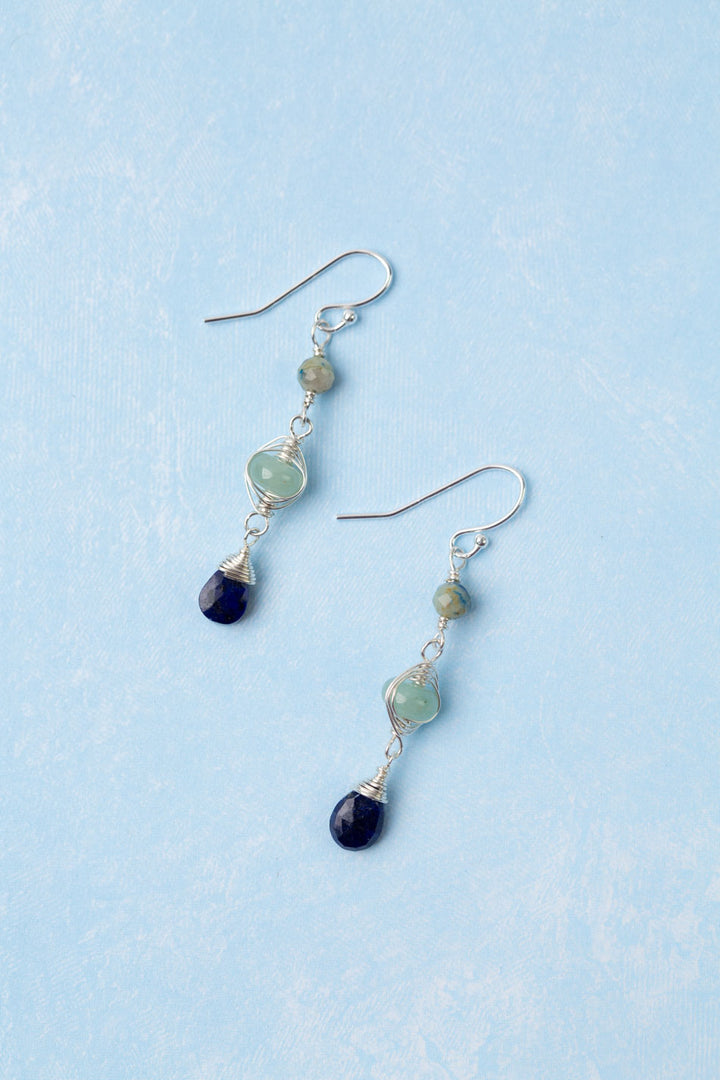 Pacifica Blue Jasper With Aquamarine And Lapis Lazuli Briolette Herringbone Earrings