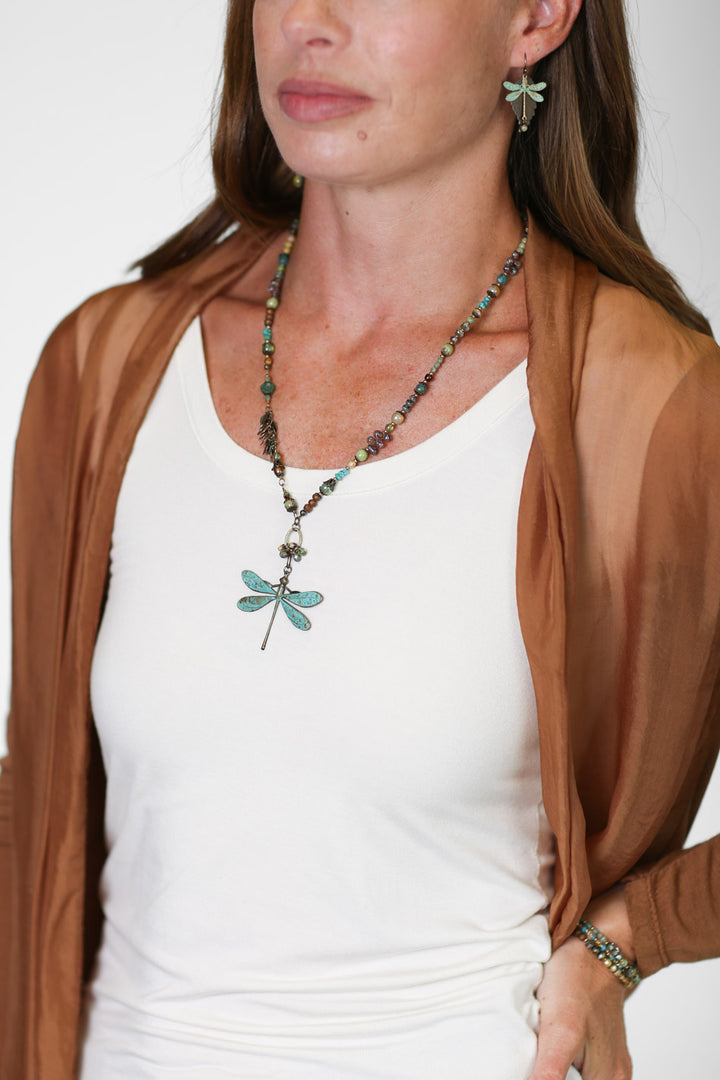 Rustic Creek 20.25-22.25" Freshwater Pearl, Turquoise, Czech Glass With Dragonfly Necklace