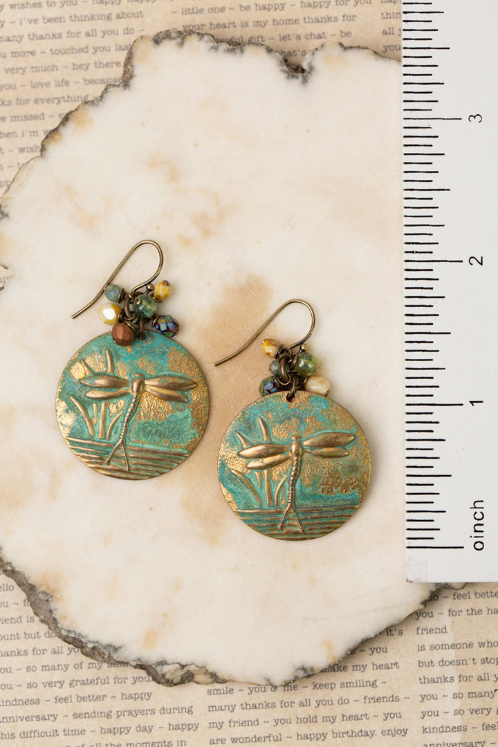 Rustic Creek Matte Gold Plated Brass Patina Dragonfly, Czech Glass Cluster Earrings